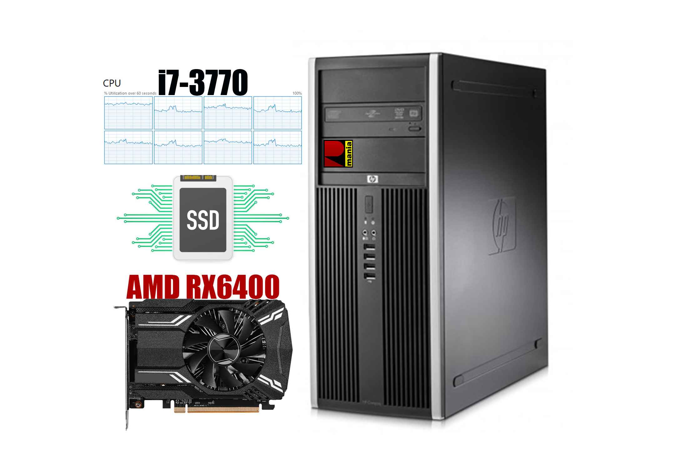 HP Elite 8300  core i7-3770 12GB RAM  SSD+HDD Radeon RX6400